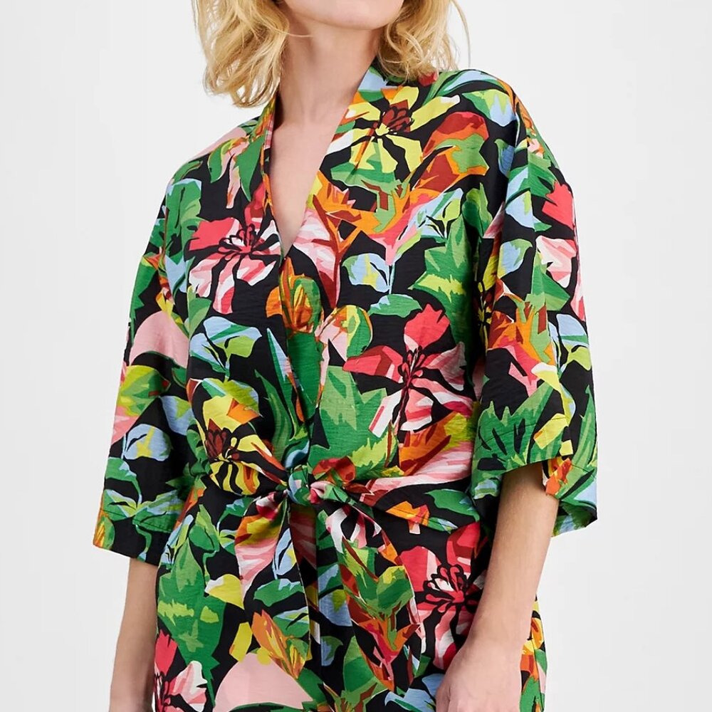 I.N.C. Floral-Print Tie-Hem Resort Top, Petite XS